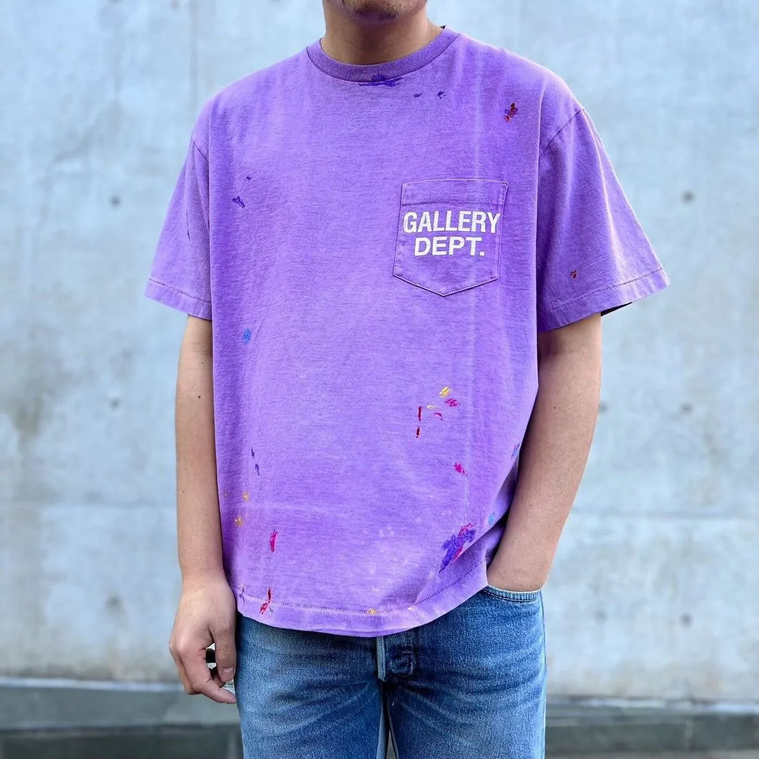 New models in stock! GALLERY DEPT VINTAGE LOGO PAINTED TEE PURPLE Purple ink splashed distressed short sleeves Retro English pocket TEE Purple S-XL Ready-to-wear dyeing Fried salt distressing Hand-sewn plaster bone Very heavy industry Manufacturing dark and light fading technology Hand-splashed ink graffiti Genuine acrylic material